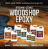 Image of Stone Coat Woodshop Epoxy with various product bottles on a wooden background.