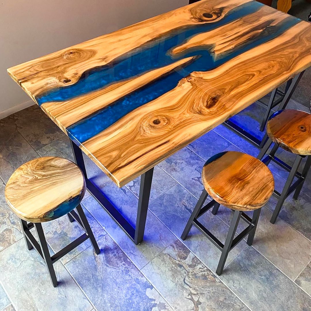 blue epoxy pour wood table